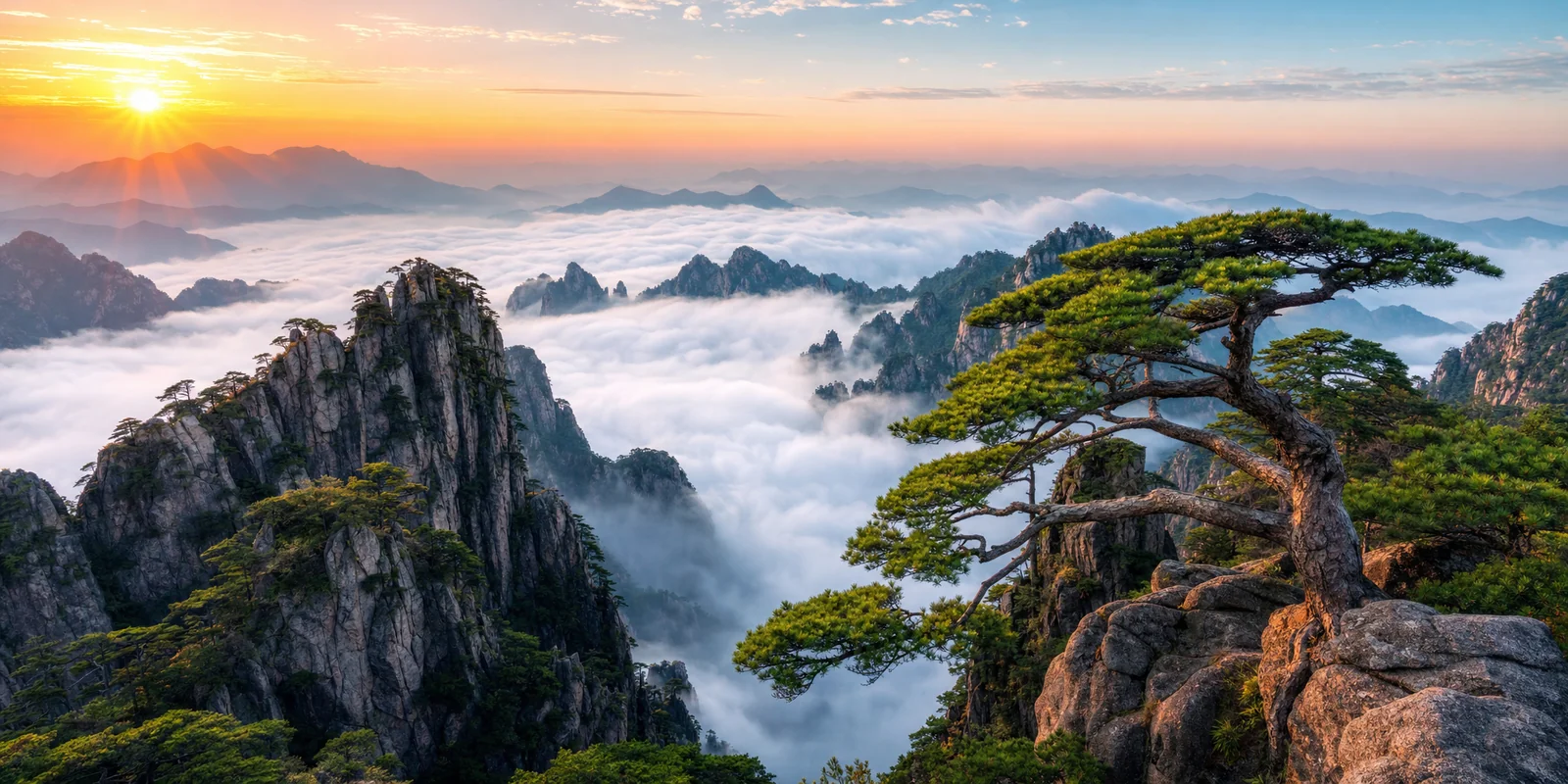 Sunrise over Mount Huangshan with a sea of clouds filling the valleys and pines on granite peaks