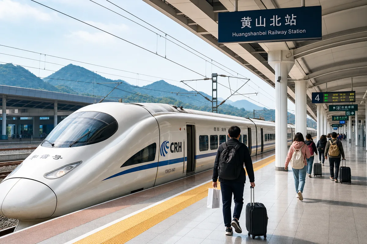 High-speed train at Huangshan North Station with travelers on the platform