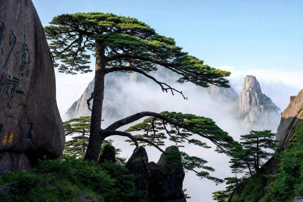 The Greeting Pine on Mount Huangshan, its branch extended like an arm over the rocks