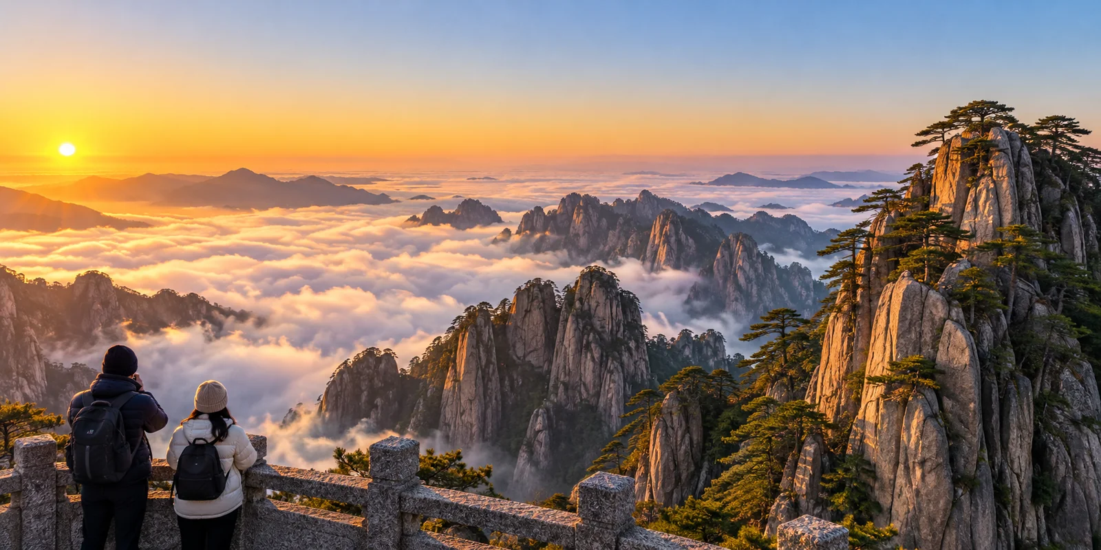 Granite peaks and cliff-edge pines rising above a sea of clouds at dawn on Huangshan, seen from a stone viewing terrace