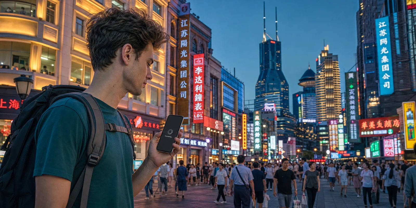 Traveler in a Chinese city street checking a smartphone showing a blocked app failing to load
