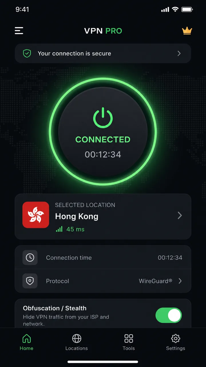 Smartphone screen showing a VPN app connected with an obfuscation server selected