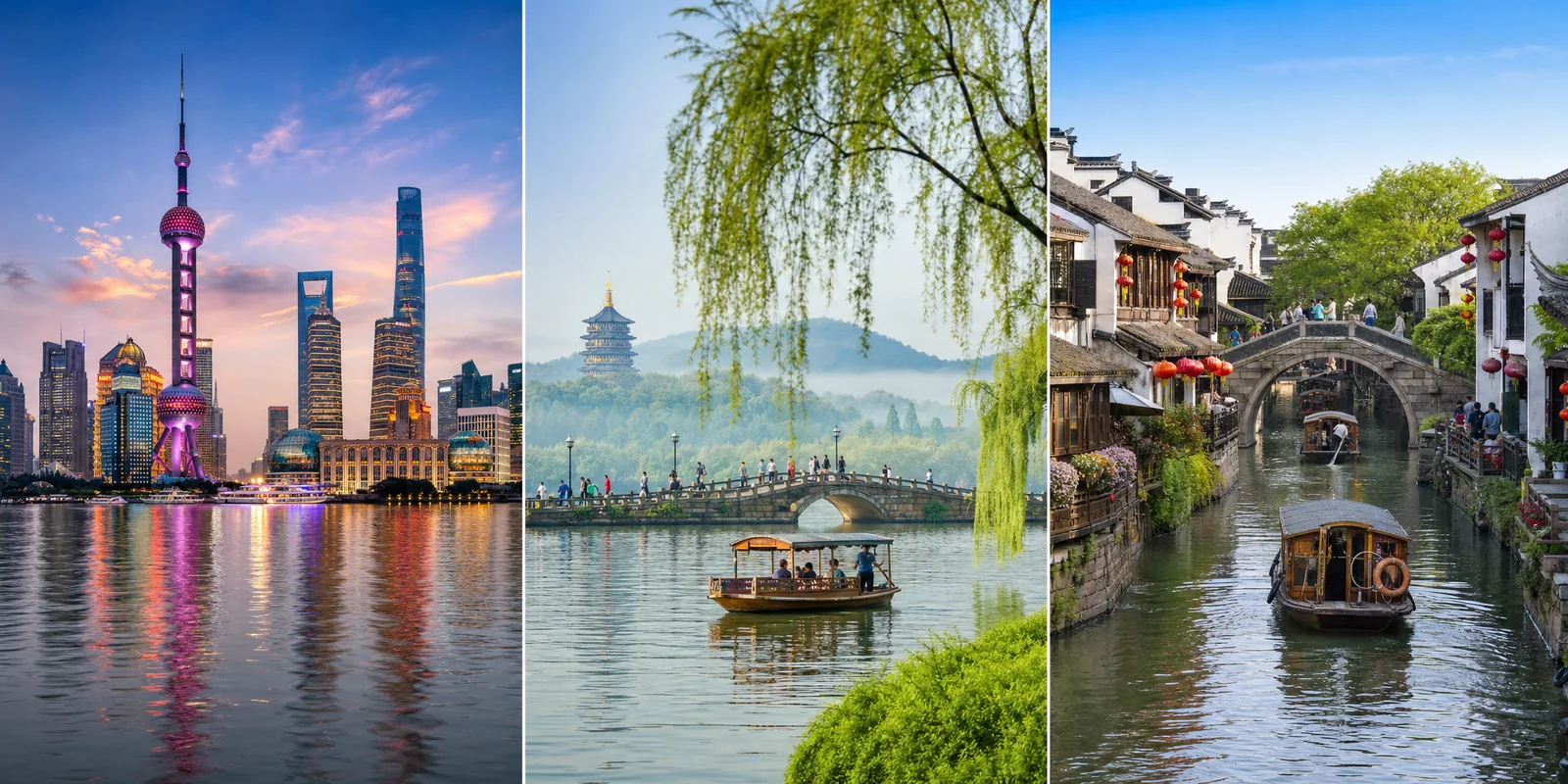 Jiangnan route triptych showing Shanghai skyline, Hangzhou West Lake, and a Suzhou canal town
