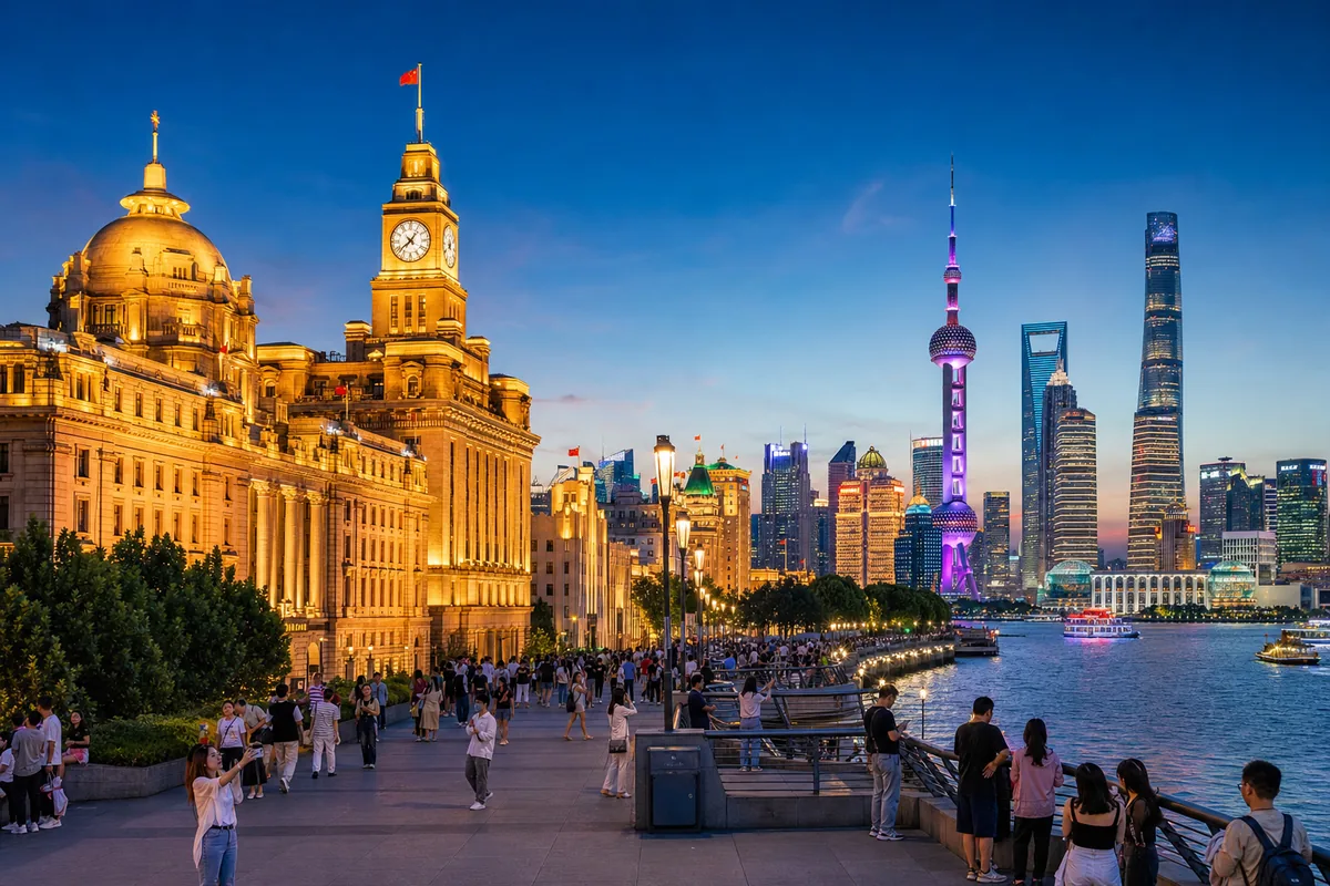 The Bund in Shanghai at dusk with the Pudong skyline across the river