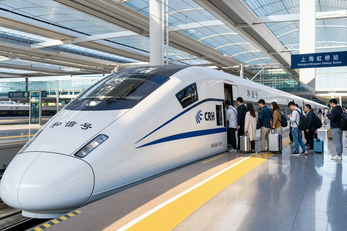 A high-speed train at a station platform in eastern China