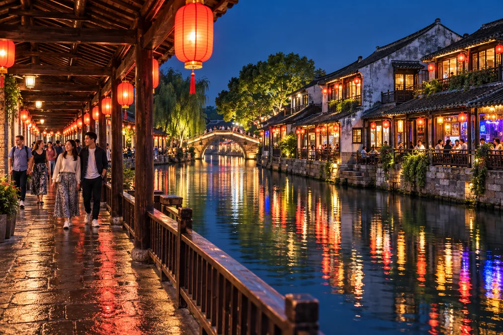 Xitang's covered riverside walkway at night, red lanterns overhead and people strolling beside the canal