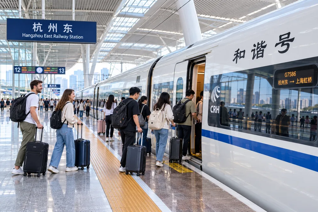 A high-speed train at a Hangzhou East station platform with passengers boarding with wheeled suitcases