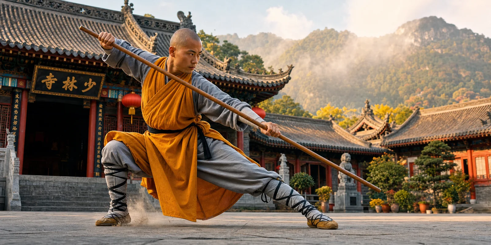 Shaolin monk performing a kung fu form with a staff outside a traditional temple hall in China
