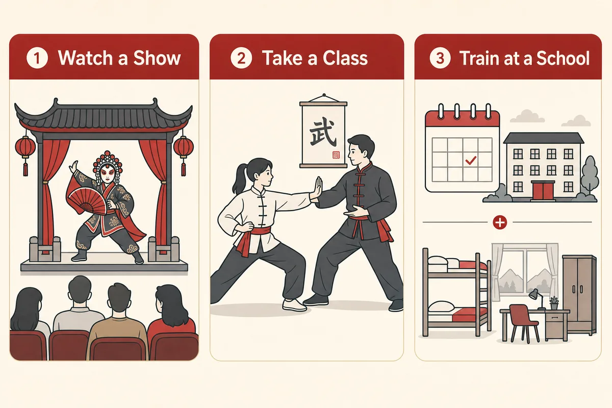 Infographic comparing three ways to experience kung fu in China: watching a show, taking a class, training at a school