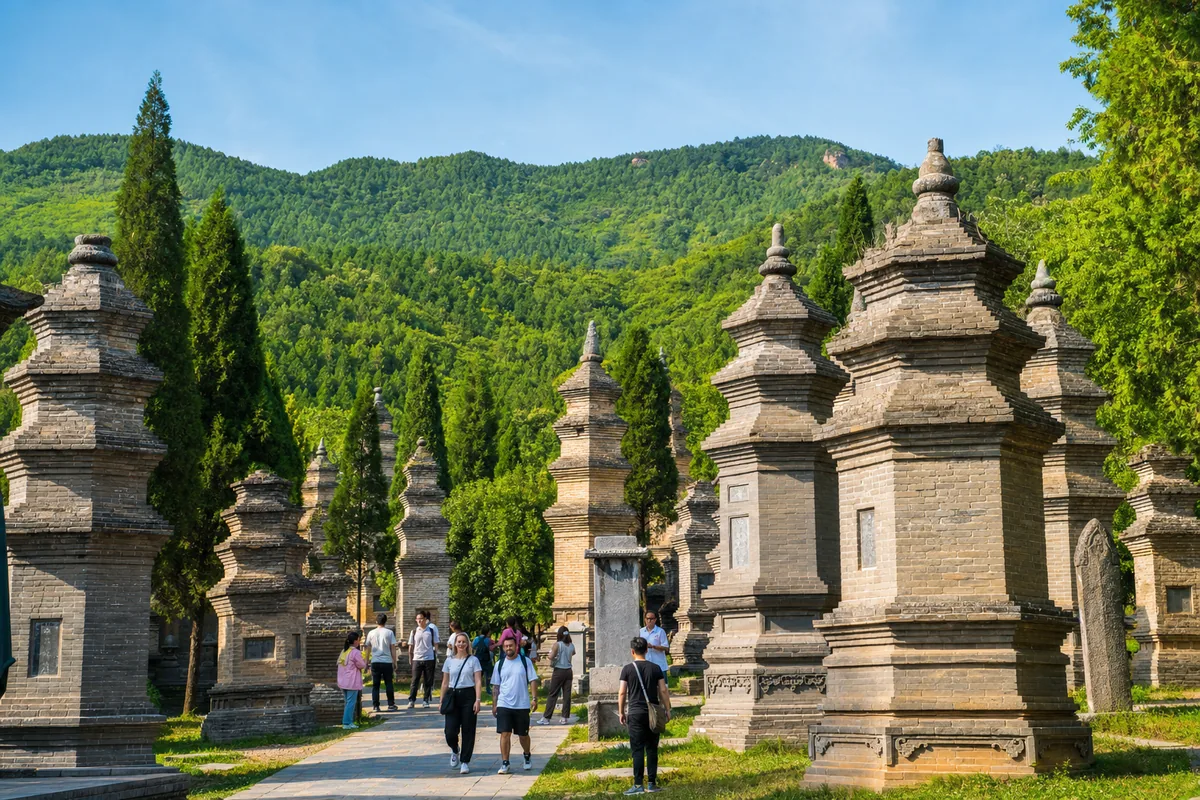 The Pagoda Forest at Shaolin Temple scenic area with rows of ancient brick stupas
