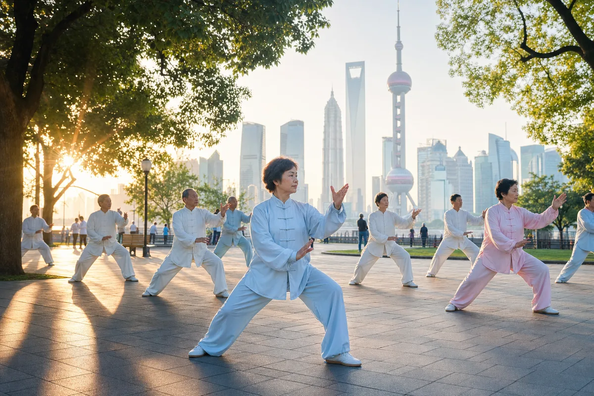 Older locals practicing slow tai chi movements in a Beijing park at dawn