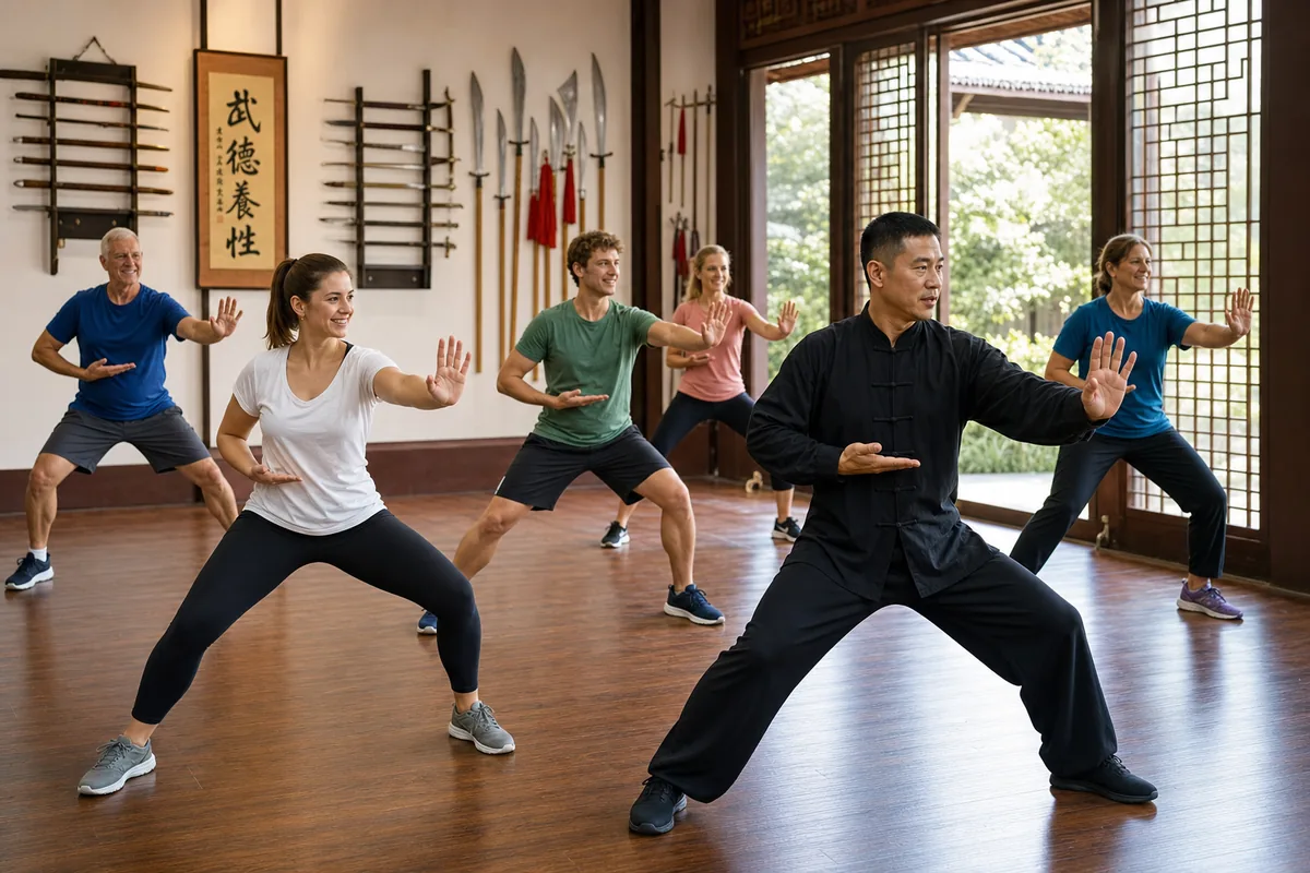 Foreign tourists learning basic kung fu stances from an instructor in a training hall in China