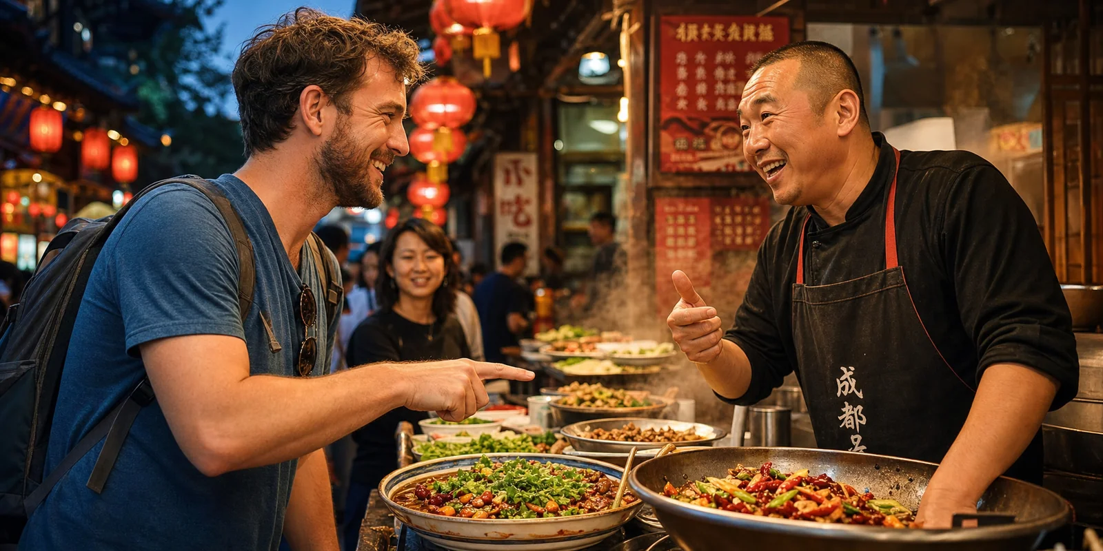 Foreign traveler using basic Chinese phrases to order at a street food stall in China