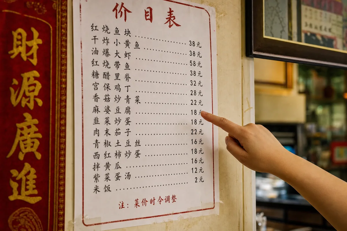 Chinese menu with no English in a small restaurant, traveler pointing to order food