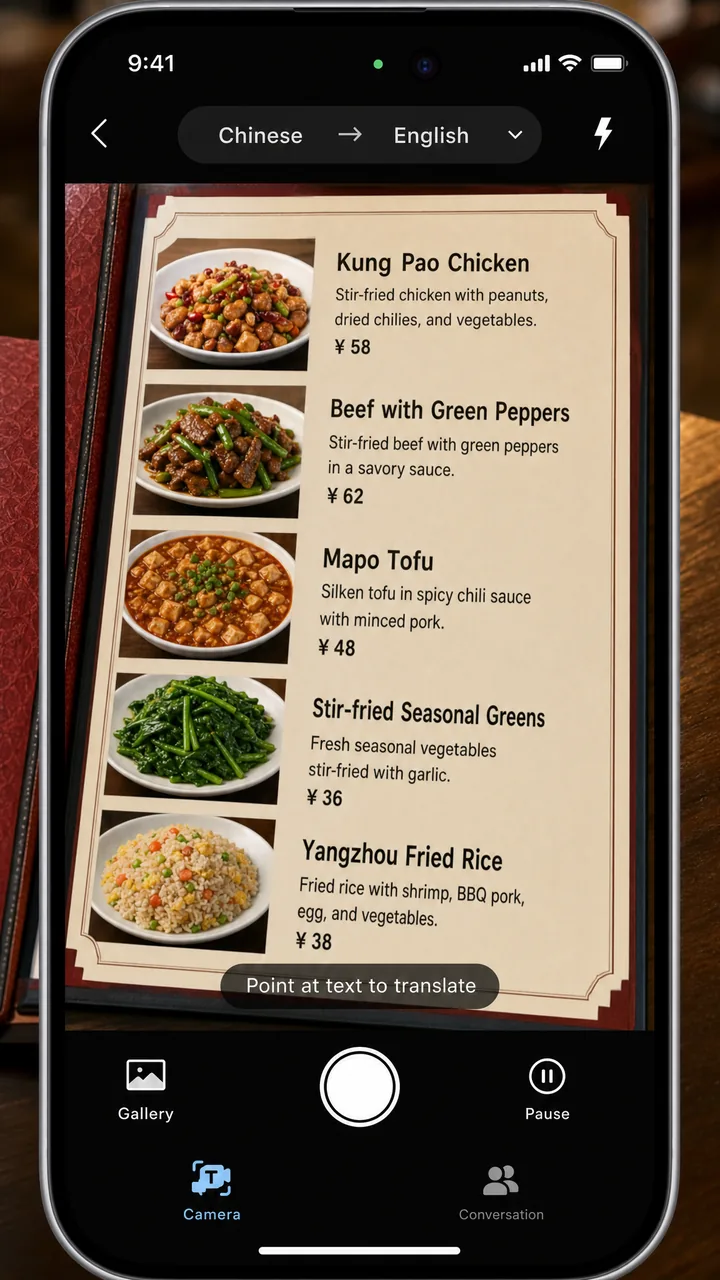 Translation app camera mode showing English overlay on a Chinese menu