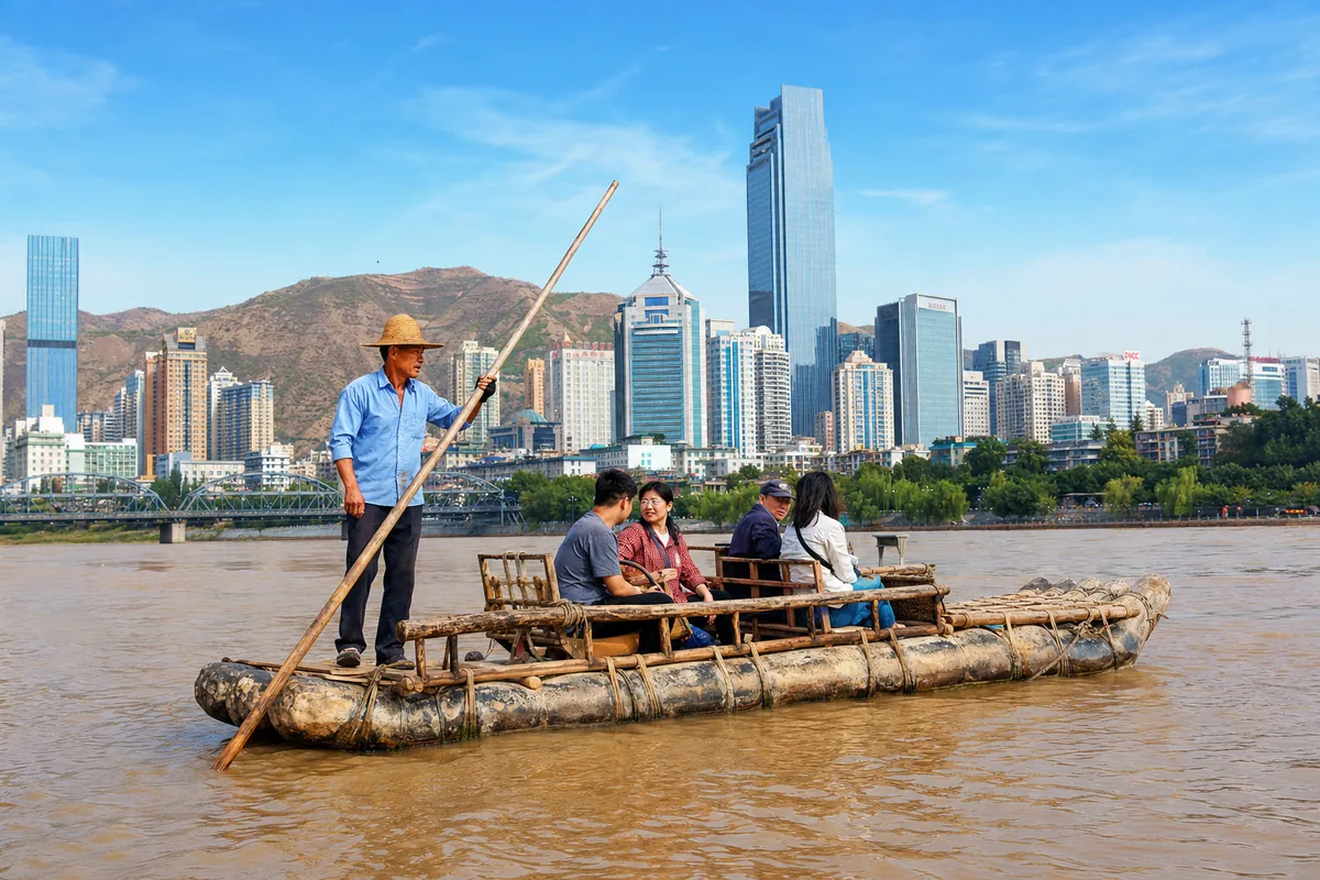 Traditional sheepskin raft floating on the Yellow River in Lanzhou