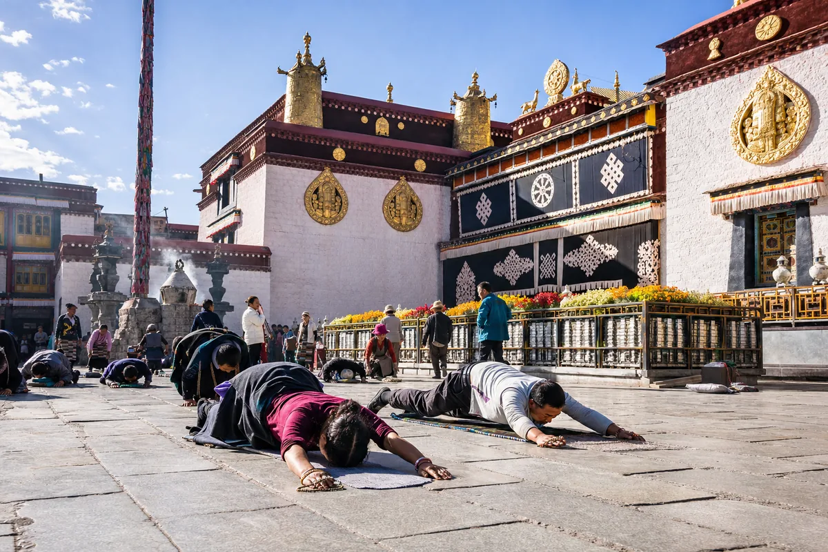 Pilgrims prostrating in front of Jokhang Temple in Lhasa's old town