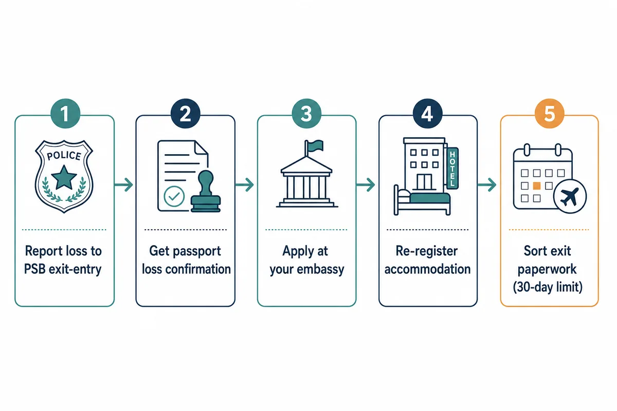 Flowchart showing the steps to replace a lost passport in China from police report to exit paperwork