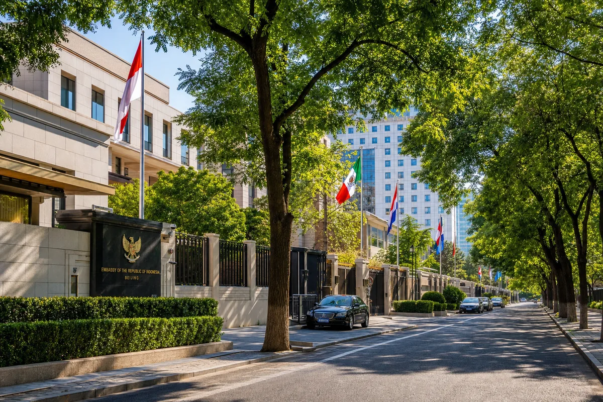 Embassy district street in Beijing with consulate buildings and flags among tree-lined avenues