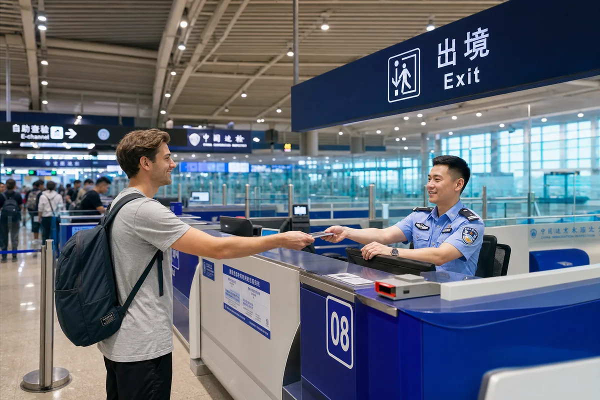 Departure immigration counter at a Chinese airport where travelers present documents to exit China