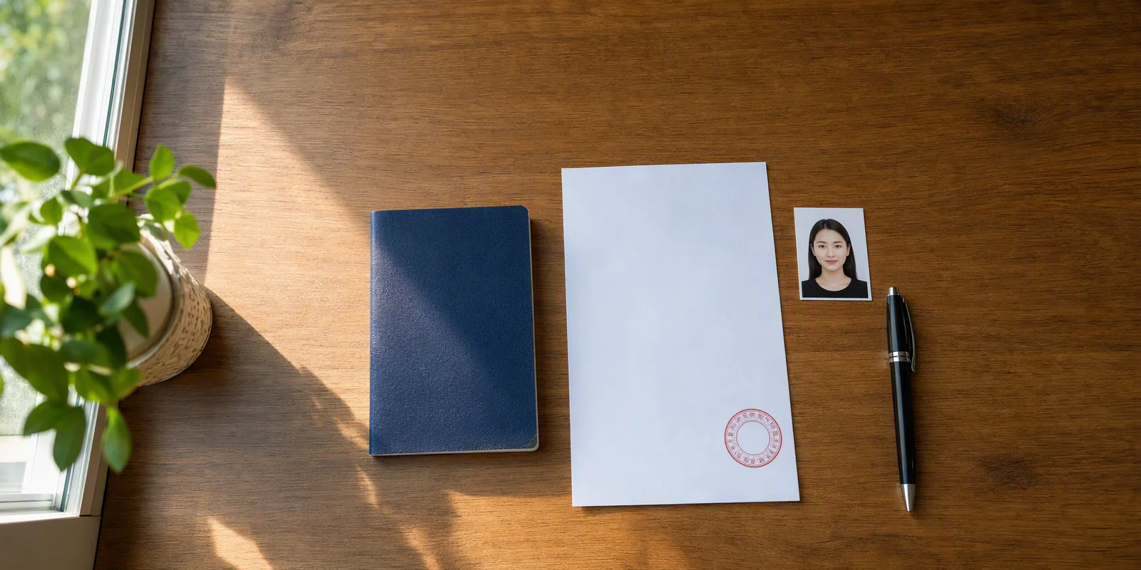 A passport, a stamped official certificate and a passport photo laid out on a desk