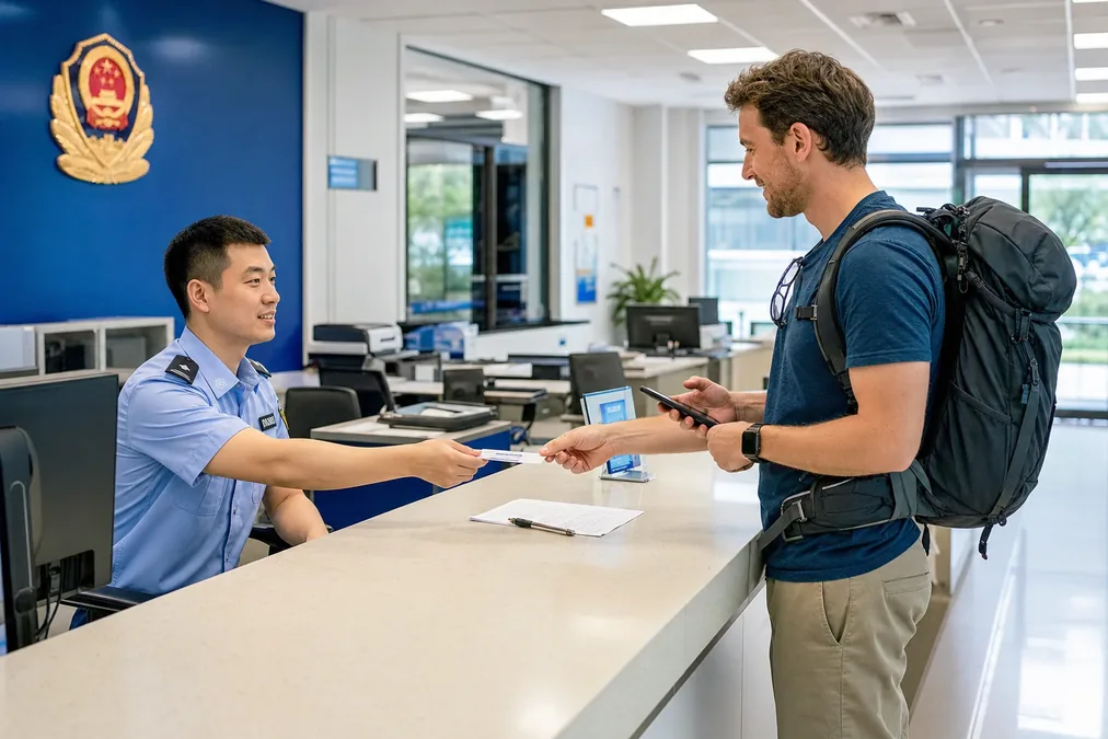 A police officer at a station counter in China handing a receipt to a foreign traveler