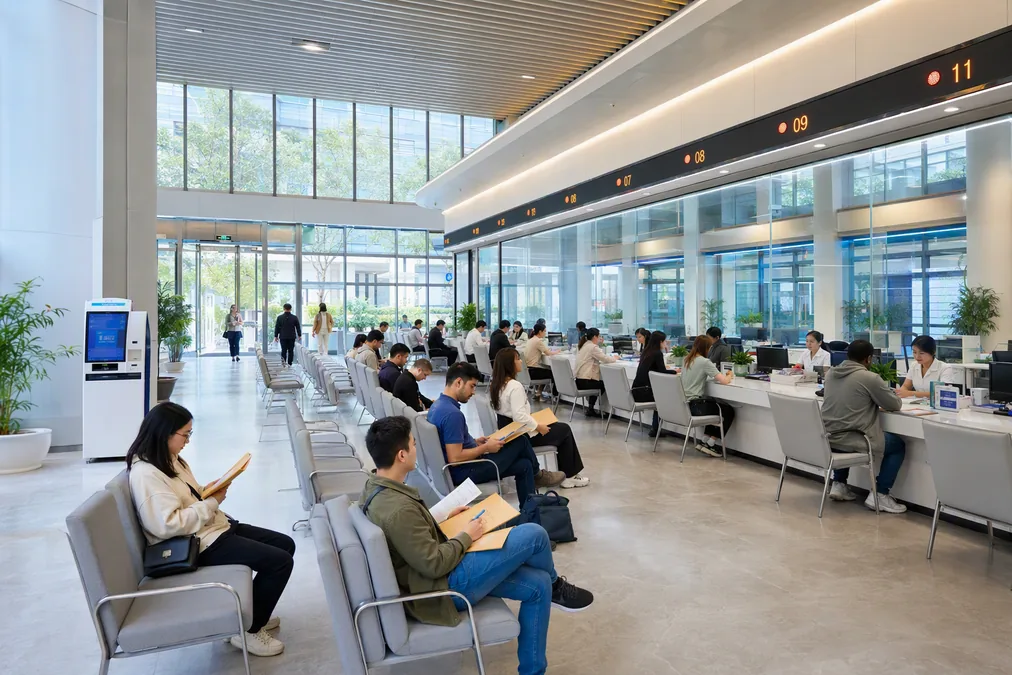 A bright immigration service hall in China with numbered counters and people waiting in rows of seats