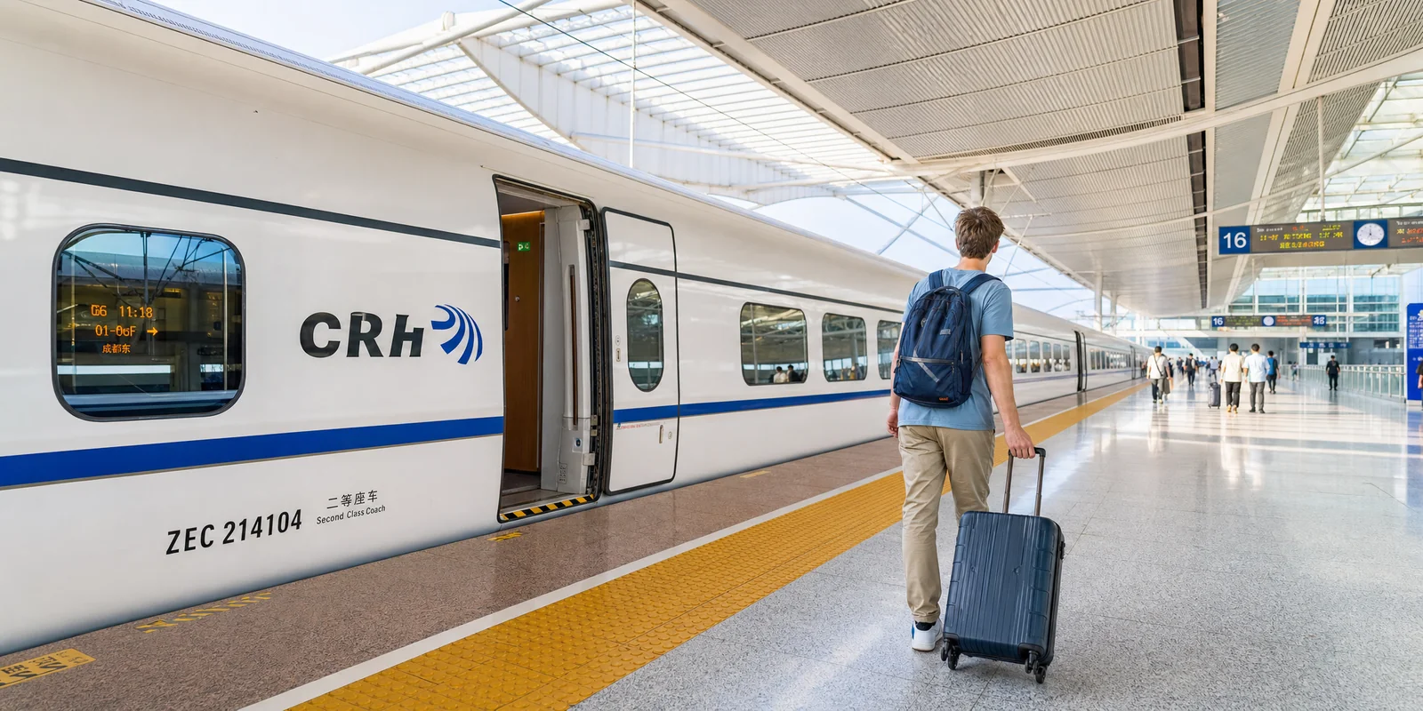 Traveler with a suitcase on a Chinese high-speed train platform beside a white bullet train
