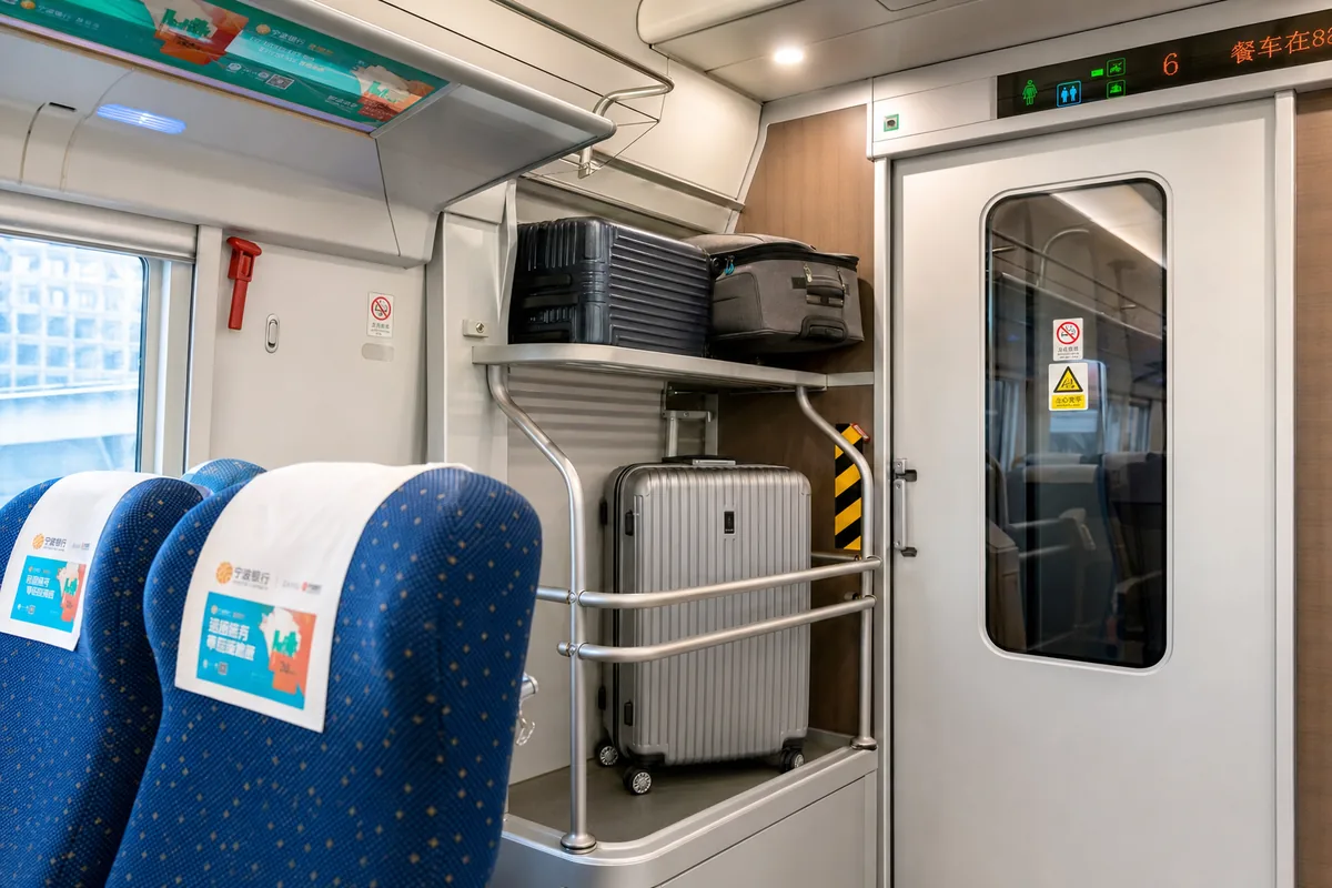 Large luggage rack at the end of a Chinese high-speed train carriage holding suitcases