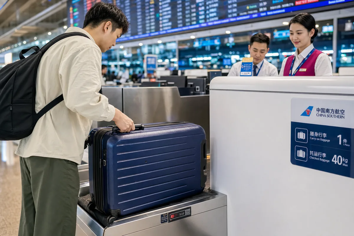 Passenger placing a suitcase on the check-in scale at a Chinese airport