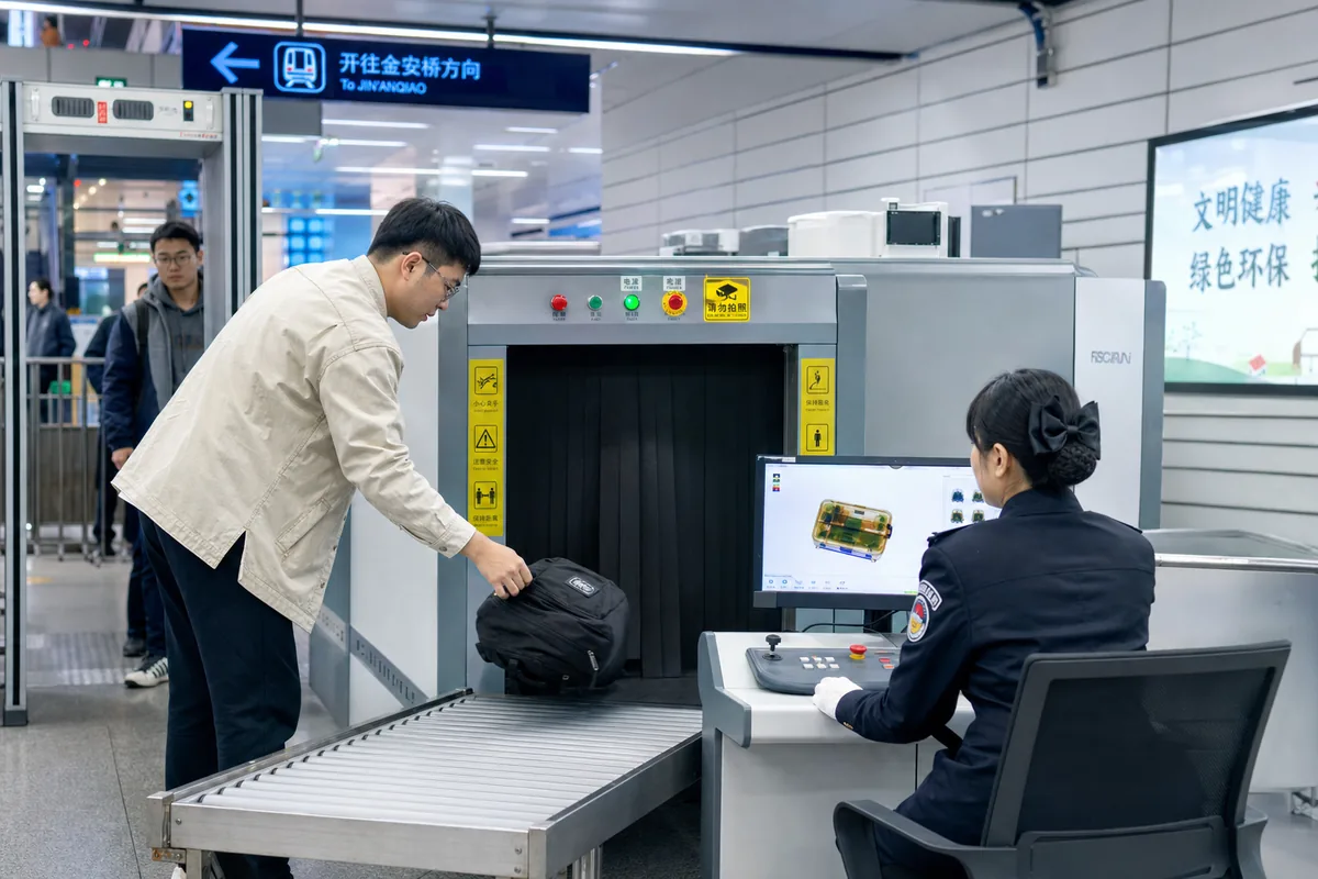 Bag security X-ray scanner at the entrance of a Chinese metro station