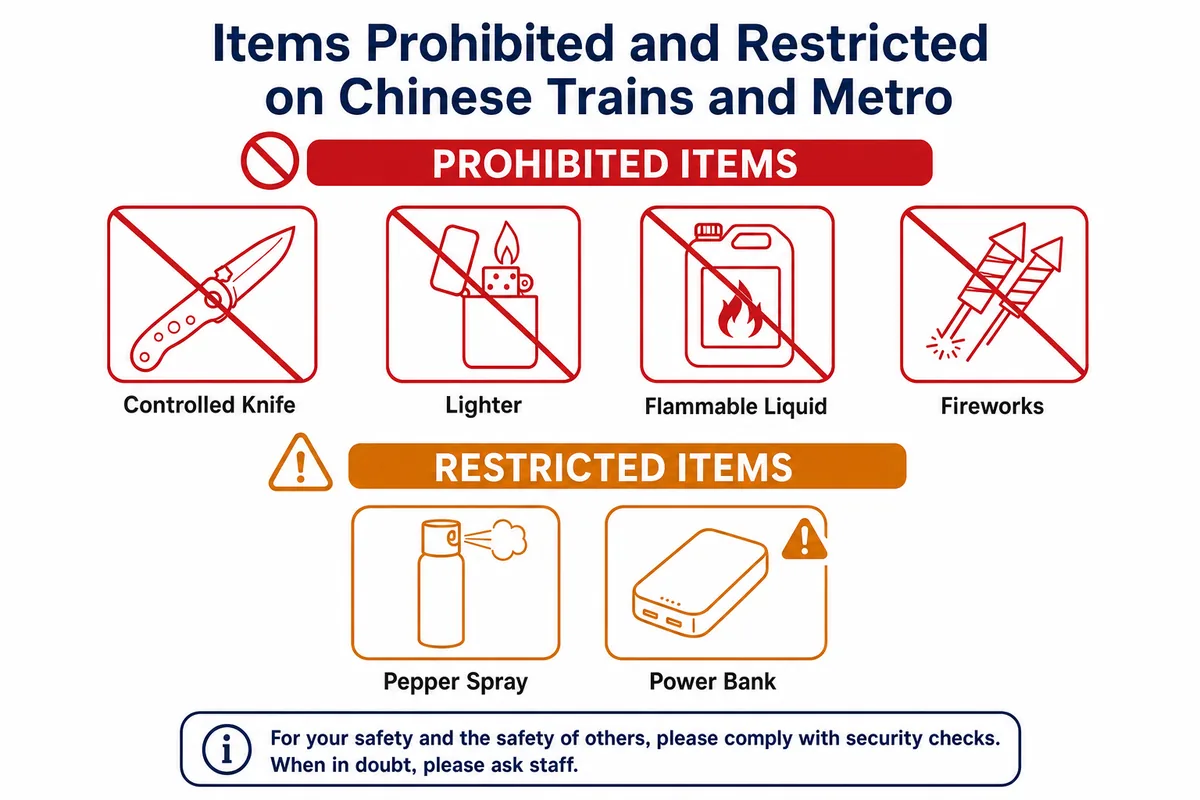 Infographic of prohibited and restricted items for China trains and metro