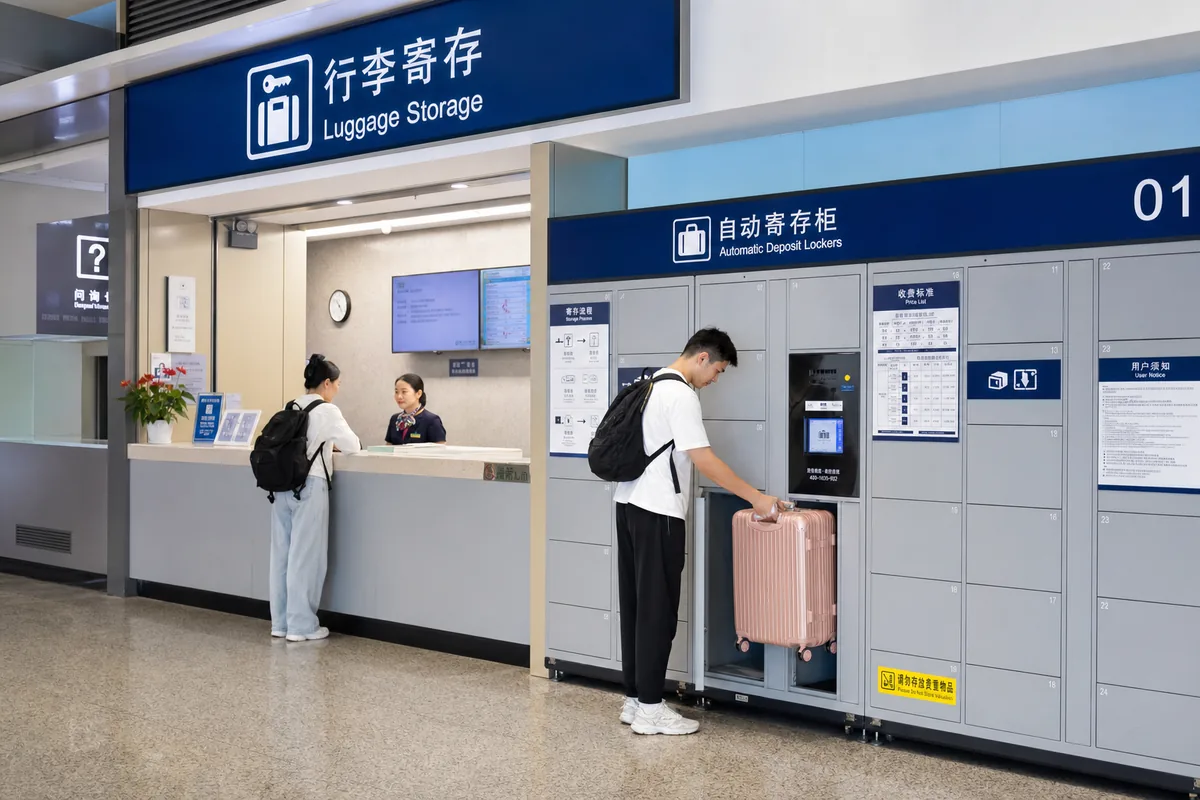 Left-luggage storage counter and lockers at a Chinese train station