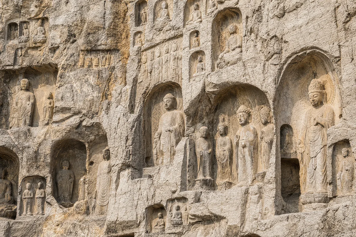 Detailed rows of Buddhist statues carved into the limestone niches at the Longmen caves