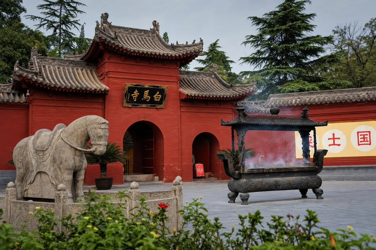 The main hall and incense burner at the White Horse Temple in Luoyang