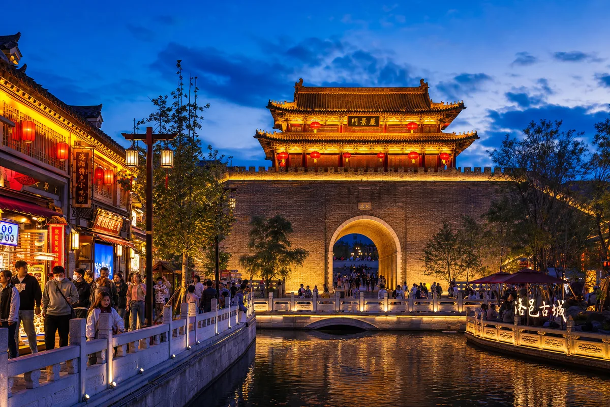 Lijing Gate lit up at night in Luoyang Old Town with lanterns and crowds