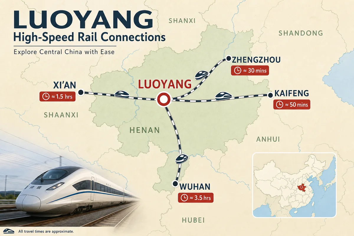 Map showing high-speed rail connections between Luoyang and Xi'an, Zhengzhou, Kaifeng, and Wuhan