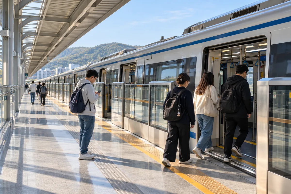 Passengers on a Dalian Metro platform boarding a train bound for Lushun