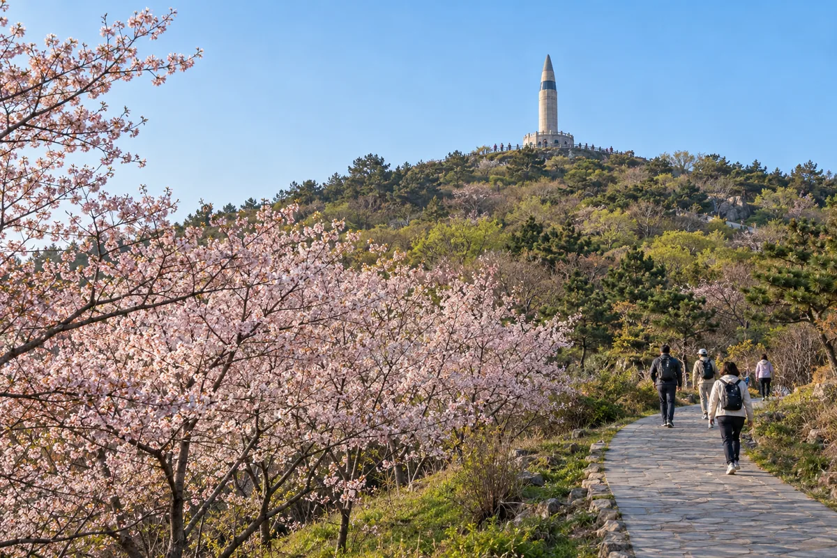 Paved path up Hill 203 in Lushun with the stone Erlingshan Tower on the summit and cherry trees on the slope