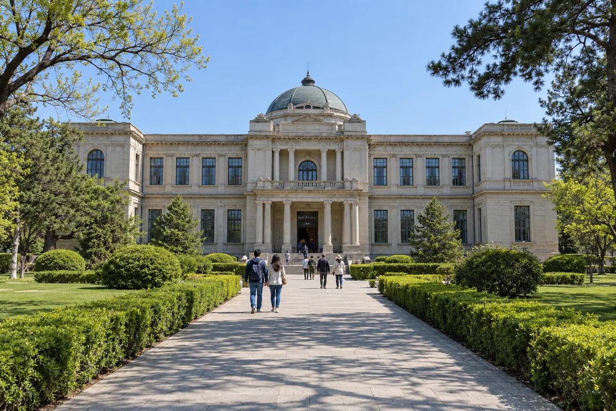 The main hall of the Lushun Museum, a pale early-20th-century building behind a garden