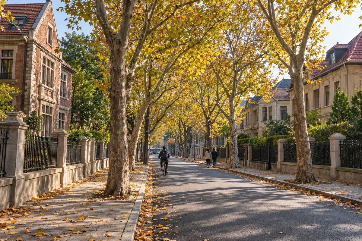 Tree-lined street in the Taiyanggou old quarter of Lushun with early-20th-century buildings