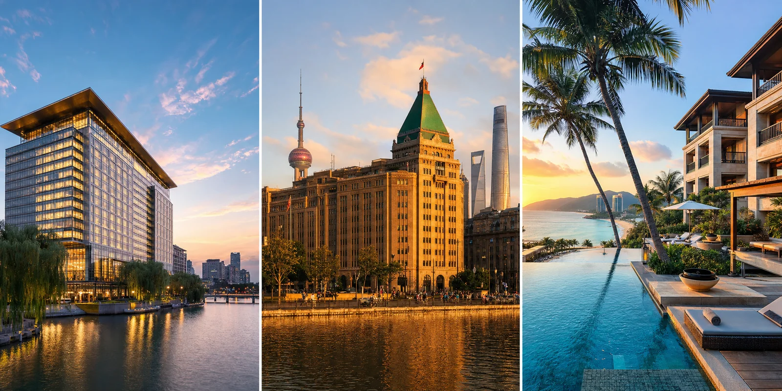 Luxury hotels in China: modern Beijing hotel, Shanghai Bund Art Deco facade, and a Sanya beachfront resort