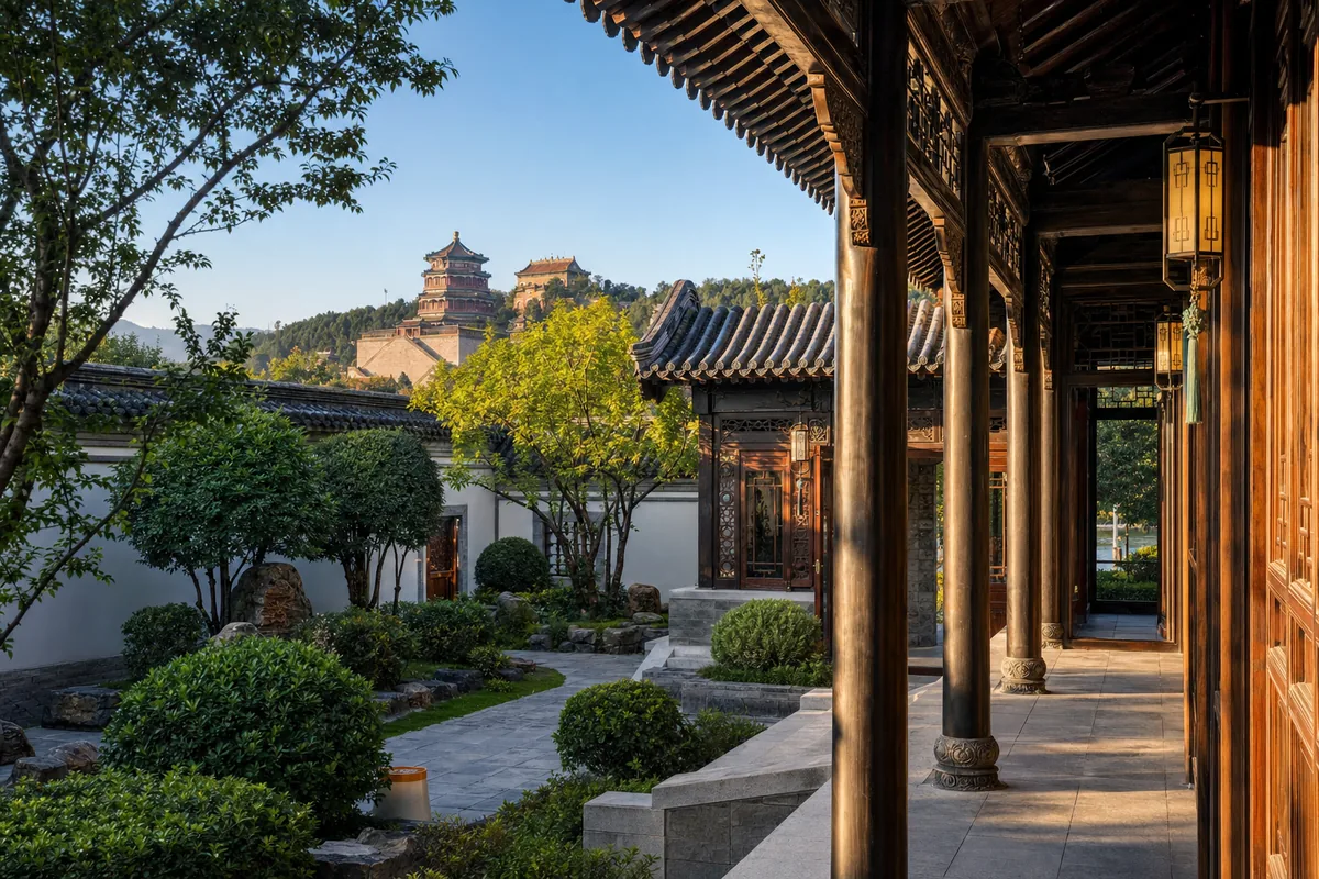 Heritage courtyard suite at a luxury hotel near Beijing's Summer Palace with traditional wooden architecture and garden