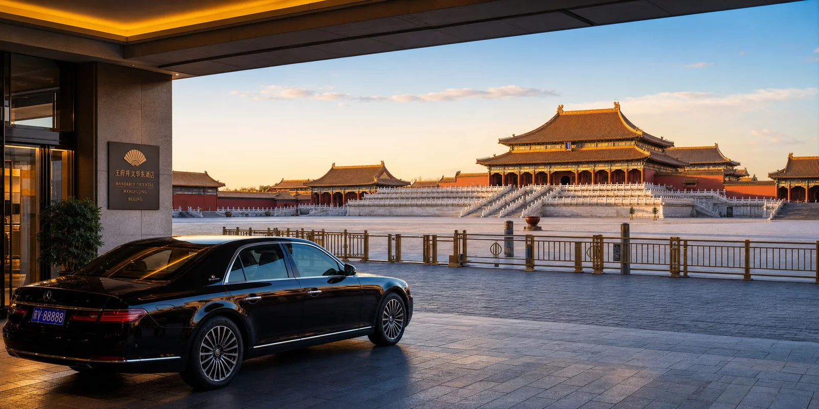 Forbidden City golden rooftops at dawn with a luxury hotel entrance in soft morning light, Beijing