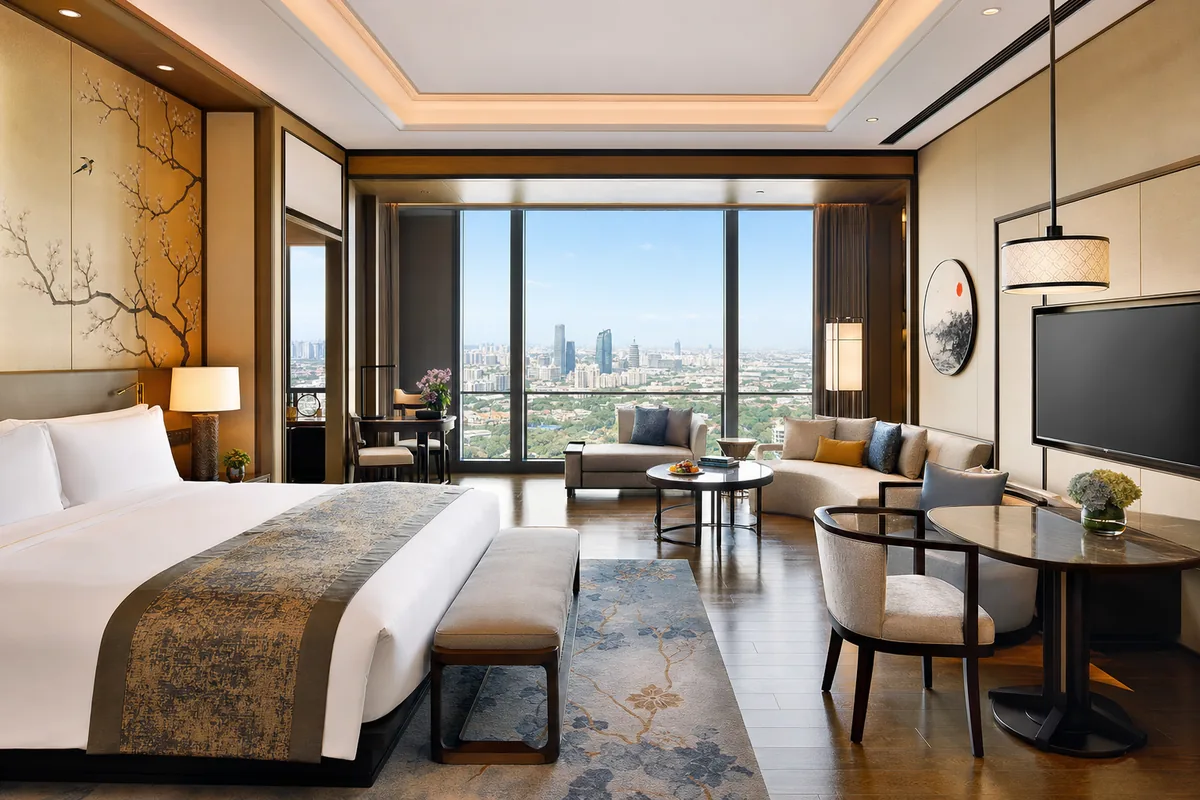 Spacious luxury hotel suite in Beijing with floor-to-ceiling windows and refined East-meets-West interior