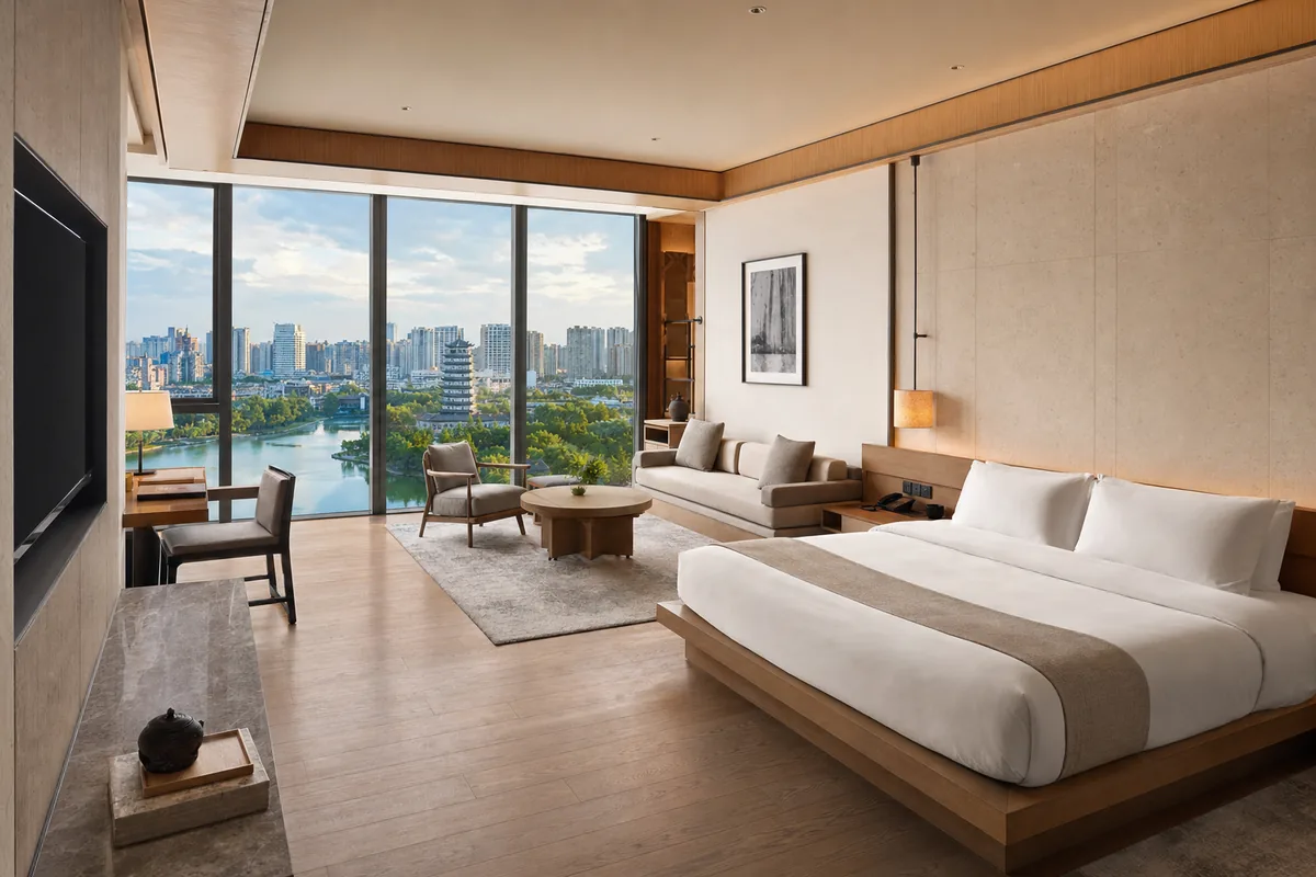 Spacious minimalist luxury hotel room in Chengdu with natural materials and soft light