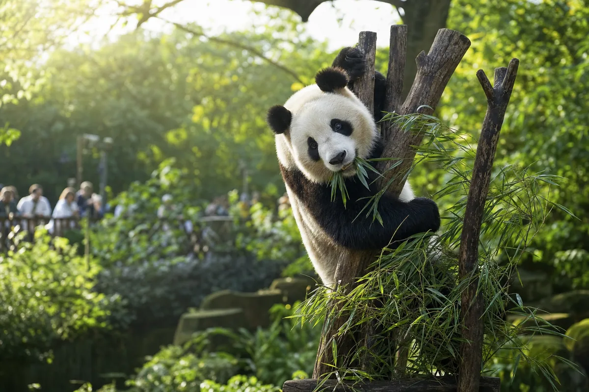Giant panda active in the early morning at Chengdu panda base with few visitors around