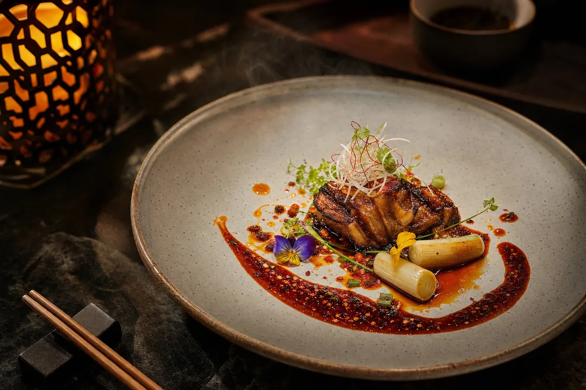 Refined plated Sichuan fine dining dish at a high-end Chengdu restaurant