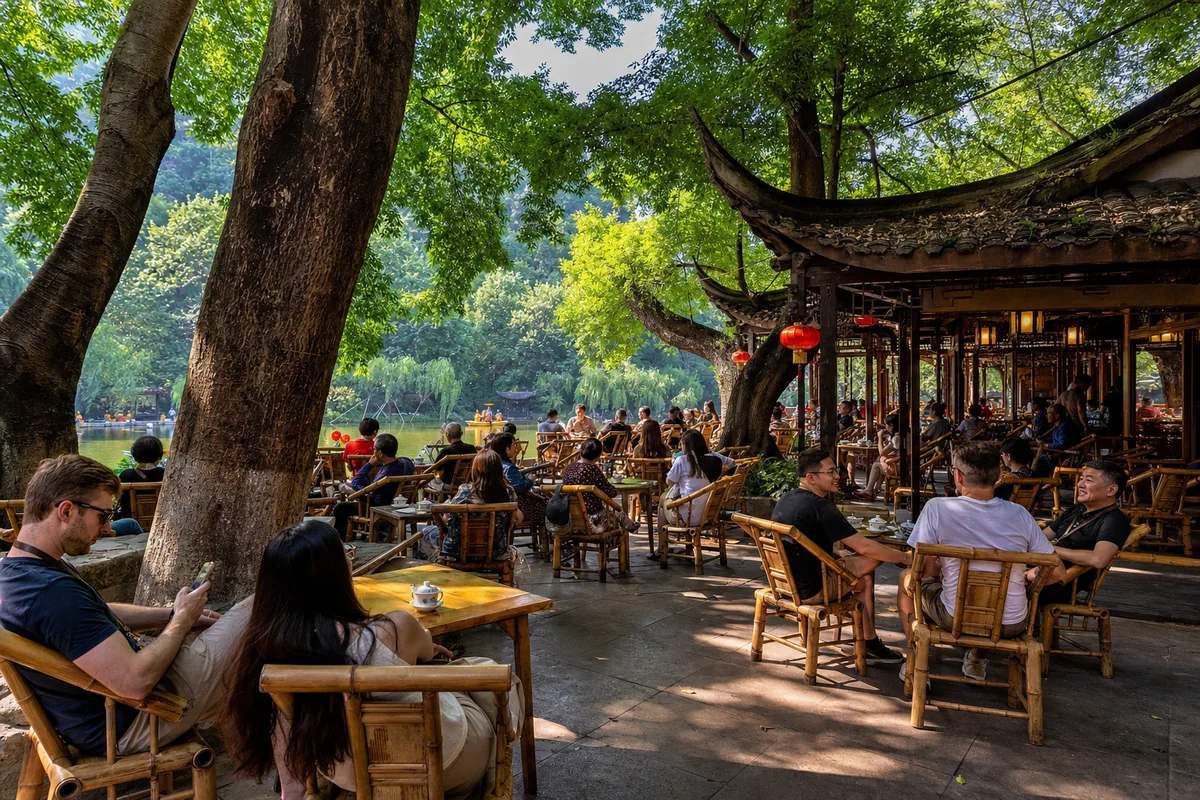 Outdoor teahouse with bamboo chairs and tea cups at People's Park in Chengdu