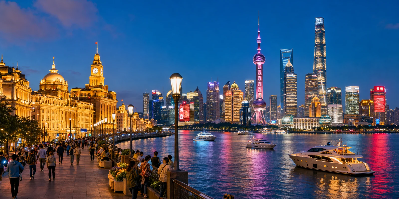 Shanghai Bund waterfront at dusk with the illuminated Pudong skyline across the Huangpu River